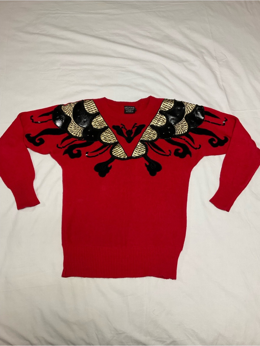 Vintage 80s Pierre Cardin Maximalist Sequin Appliqué Knit Sweater Red Women’s Sm